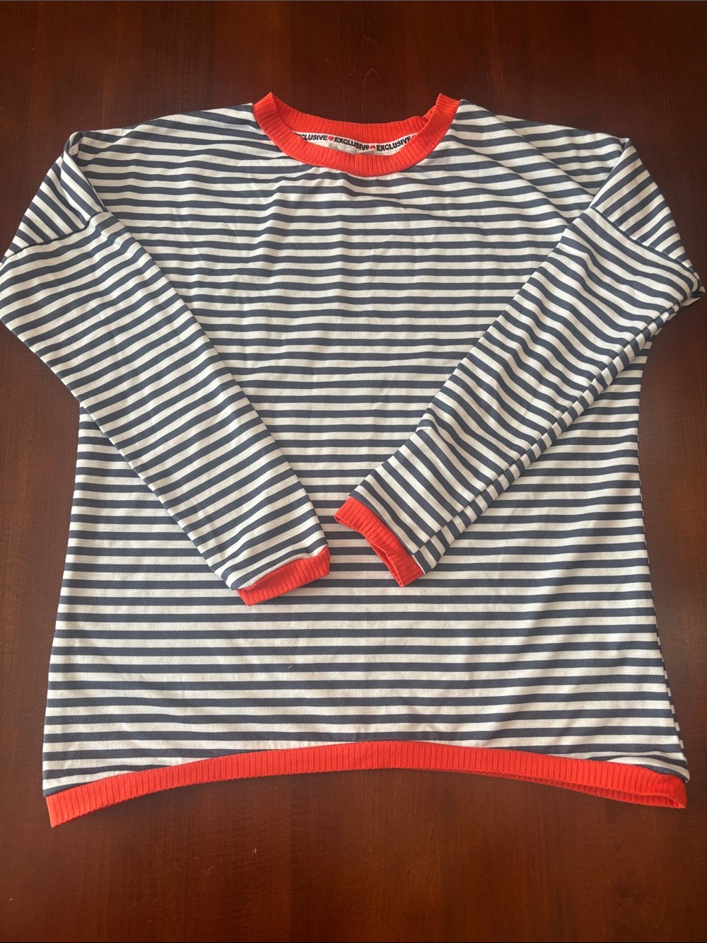 Striped Long Sleeve Top with Red Trim